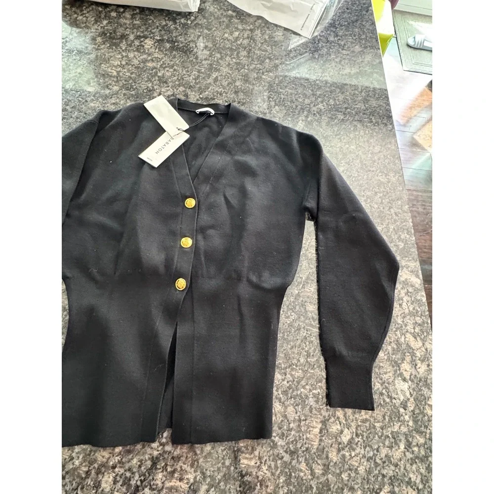 Babaton Aritzia Black tribeca Cardigan Gold Crest Buttons Cinched Waist 2XS NEW‎
